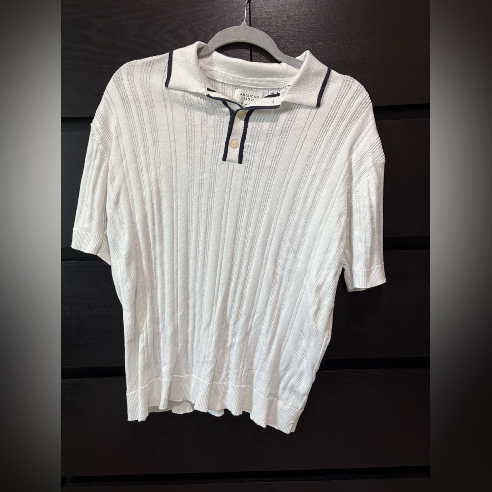American Eagle Outfitters Men's Cream Polo Shirt with Navy Accents